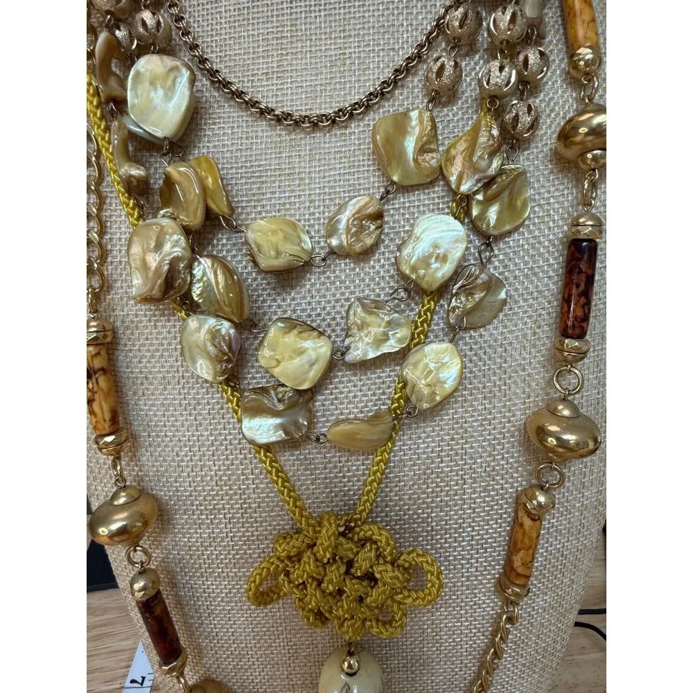 Vintage Multilayer Gold & Yellow Beaded Necklaces With Tassel , Set of Four - Picture 5 of 9